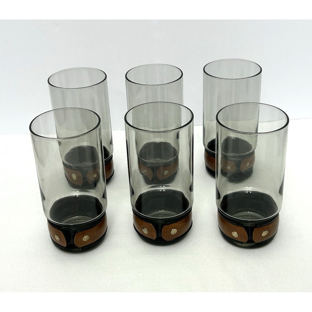 Vintage Hi-Ball Glasses Faux Leather Band Smoky Glass Set of 6 Barware Retro